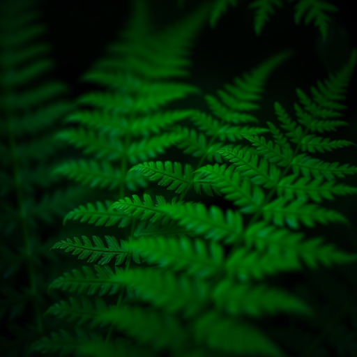 close-up of green fern leaves with a dark background, soft focus effect, aperture f/2.8, ISO 100, shutter speed 1/60 sec, taken with a macro lens on a DSLR camera