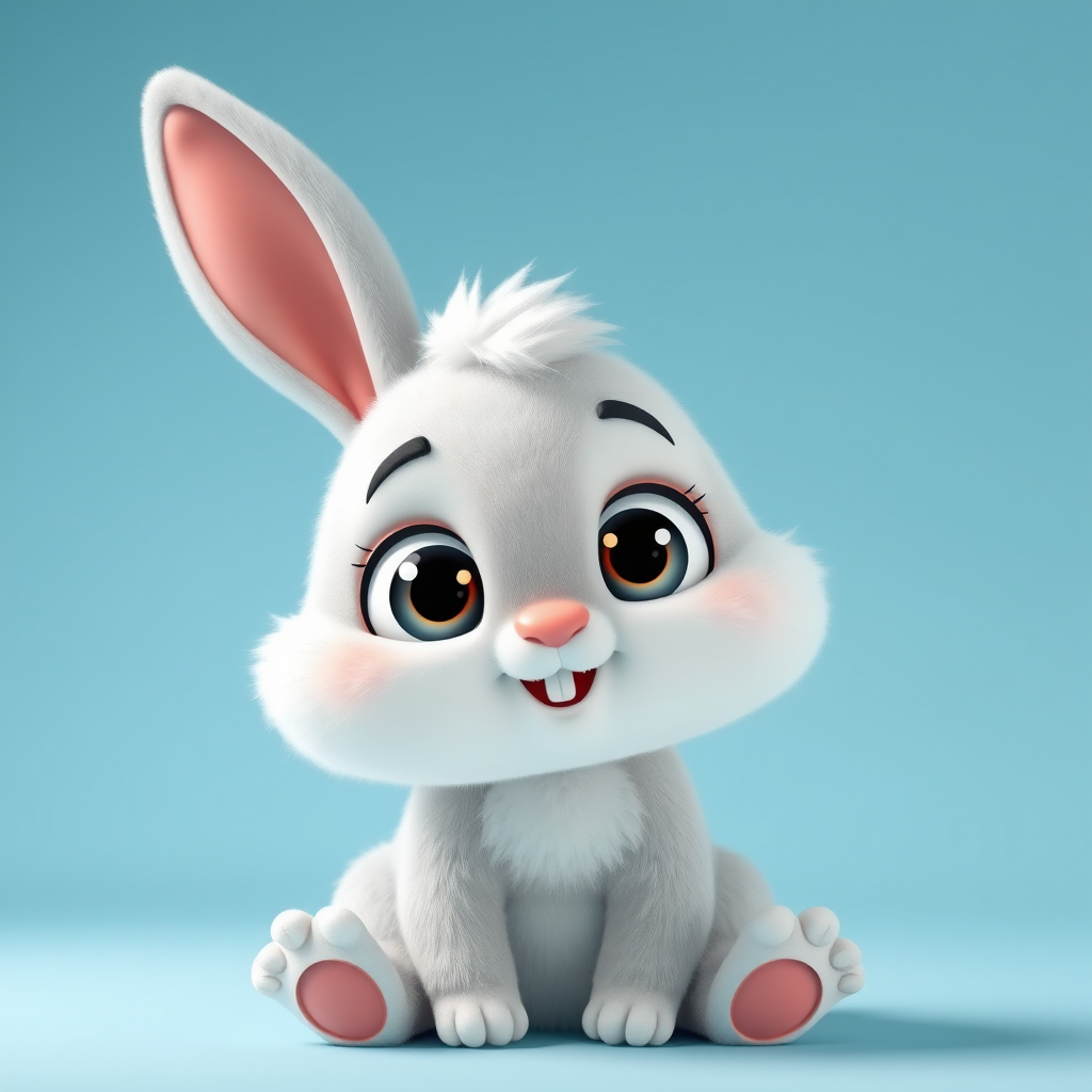 A cute cartoon bunny character with large expressive eyes, fluffy white fur, and a cheerful smile, sitting against a soft blue background, shot with a Canon EOS R5, 50mm lens, f/1.8 aperture, ISO 100, soft lighting for a 3D effect.
