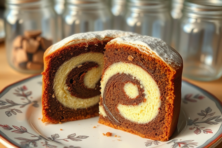 A beautifully sliced marble cake showing distinct layers of vanilla and chocolate flavors on a decorative plate with a soft focus background of glass jars.
