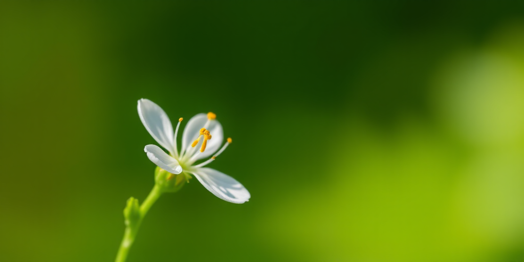 macro shot of a single white flower with yellow stamens on a blurred green background, aperture f/2.8, shutter speed 1/200s, ISO 100, taken with a DSLR camera using a 50mm macro lens, soft natural lighting
