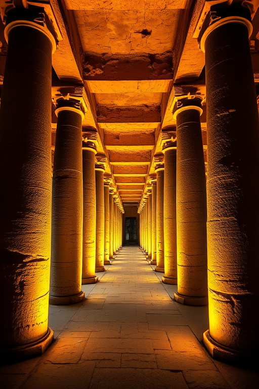 interior of an ancient temple corridor with illuminated stone pillars and a long perspective, captured with a DSLR camera, 24mm lens, f/8 aperture, ISO 200, 1/60s shutter speed, wide-angle view, HDR style for enhanced details and glow effects