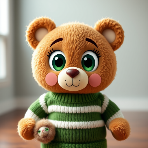 Create a cute cartoon teddy bear character with big expressive eyes, wearing a green and white striped sweater, in a well-lit studio setting, using a DSLR camera, f/2.8 aperture, ISO 100, 50mm lens, 1/125s shutter speed, and a soft-focus background for enhanced image quality.