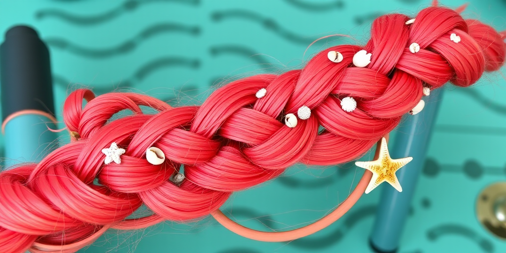Vibrant coral mermaid braid, intricately woven by "Tropical Tresses" hair artists, featuring a thick, rope-like plait that incorporates smaller braids and twists, adorned with tiny seashells and starfish-shaped hair accessories,