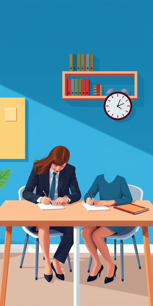 Create an illustration of two professionals seated at a table, writing on papers, with a vibrant blue background, a shelf with books and a clock on the wall, using a high-resolution digital camera at f/8 aperture, 24mm focal length, and soft lighting for enhanced clarity and detail.