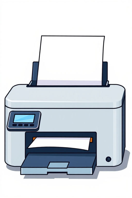 Create a high-resolution illustration of a modern printer with a sheet of paper being printed, using a 50mm lens at f/2.8, captured from a frontal view, utilizing a DSLR camera with enhanced color contrast and sharpness settings.