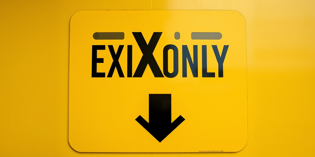 Create a high-resolution image of a rectangular yellow sign with bold black text reading "EXIT ONLY" and a downward arrow beneath it, captured with a Canon EOS 5D Mark IV at f/8 aperture, ISO 100, and a focal length of 50mm, using natural lighting for clarity and detail.