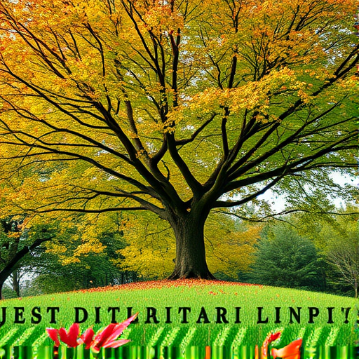 Generate a high-resolution digital illustration of a vibrant tree with green and brown leaves shedding onto a grassy ground, using a Canon EOS R5 with a 50mm lens, f/1.8 aperture, ISO 100, shot from a low-angle view to enhance foreground detail and depth.
