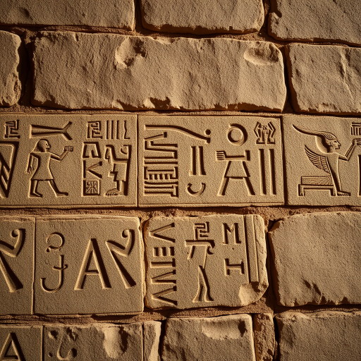 Create a high-resolution image of ancient Egyptian hieroglyphics on a stone wall, captured with a Canon EOS R5, 50mm lens, aperture f/2.8, ISO 100, and a soft diffused natural light for clarity and detail.