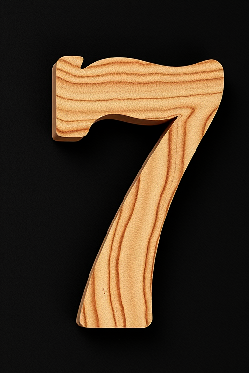 Create a high-resolution image of the number 7 carved from textured wood, featuring natural grain patterns, on a solid black background, captured with a DSLR camera at f/2.8, 1/60s shutter speed, and ISO 200, using a macro lens for enhanced detail.