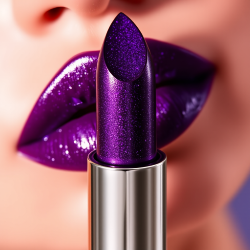 Alluring "Amethyst Aura" lipstick transforms lips with a deep purple hue and multidimensional shimmer, creating a mesmerizing, gem-like effect