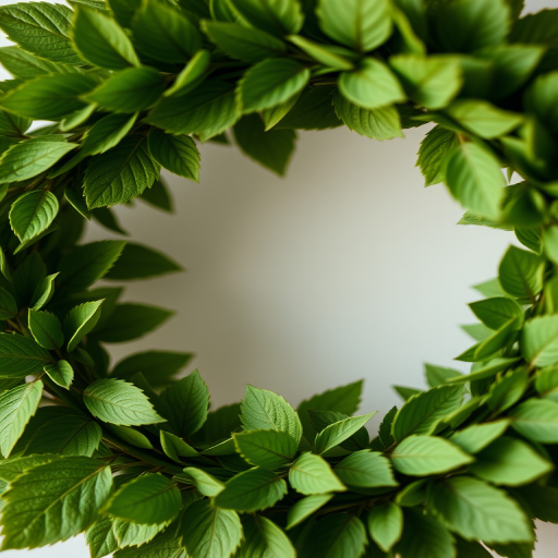high-resolution circular wreath of green leaves with delicate details, soft natural lighting, macro lens, f/2.8 aperture, 50mm lens, DSLR camera, shallow depth of field, vivid colors, clean background