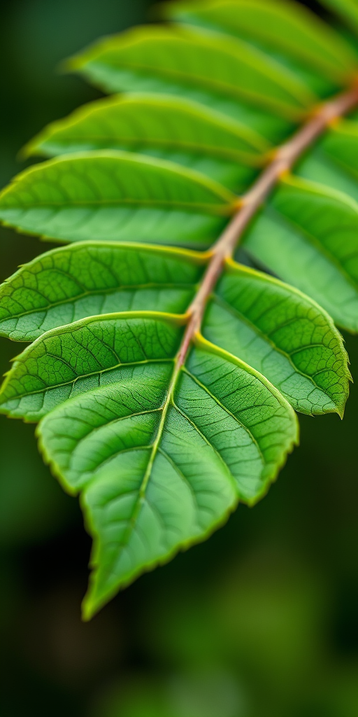 Create a high-resolution image of a green leaf branch with a focus on vibrant colors and sharp detail, using a macro lens, f/2.8 aperture, 100mm focal length, natural lighting, and a DSLR camera.