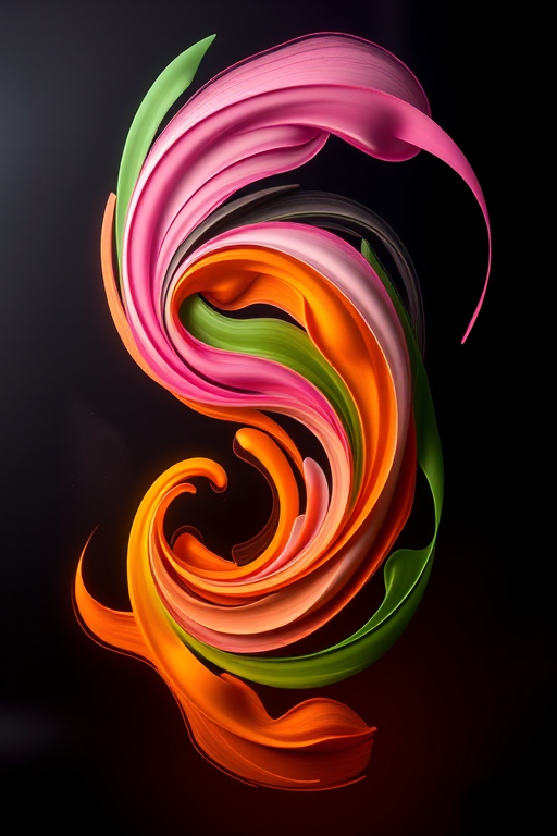 Create an abstract art piece featuring vibrant swirls in shades of pink, orange, green, and yellow on a dark background with smooth gradients, using a Canon EOS R5 with a 50mm f/1.2 lens, ISO 100, aperture f/8, and shutter speed 1/125s to enhance image clarity and depth.