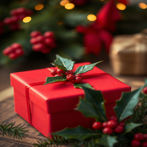Regenerate a high-quality image of a beautifully wrapped red gift box adorned with holly leaves and berries, using a Canon EOS R5 camera, 50mm lens, f/1.8 aperture, 1/60 sec shutter speed, and ISO 100, with a shallow depth of field and soft focus background to enhance the festive details.