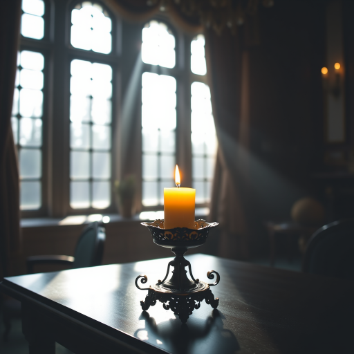 A softly illuminated candle on an ornate holder in a dimly lit, richly decorated room with large windows, warm light casting gentle shadows, captured with a DSLR camera at f/2.8 aperture, ISO 200, 50mm lens, in natural light, creating a warm and inviting atmosphere.