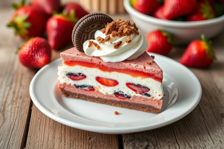 Create an image of a delicious slice of layered strawberry dessert with a creamy white and pink filling topped with crushed cookies and whipped cream on a white plate with fresh strawberries in the background and a rustic wooden table surface.