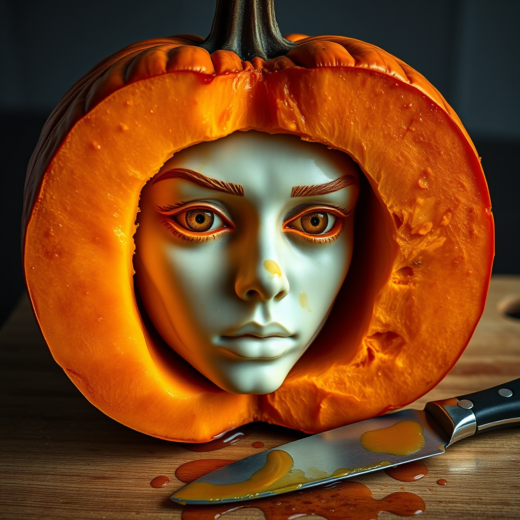 A hyperdetailed photorealistic macro color saturated high resolution image of a pumpkin cut in half, with the pumpkin pit being a highly detailed sculpted woman's face with her eyes open and pumpkin-colored irises. The face has a marble texture. The image includes condensation, moisture, and pumpkin juice. The pumpkin is on a wooden cutting board with a small fruit knife nearby, also covered with juice.