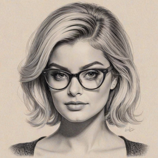 Captivating Bebe Rexha, pencil sketch, portrait of Enchanting woman 1955s in glasses, hair style beatnik, outline, clear lines, fine lines, 8k
