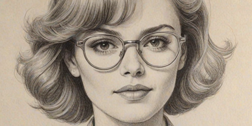 Lovely Amiee Teegarden, pencil sketch, portrait of Elegant woman 1980s in glasses, hair style beatnik, outline, clear lines, fine lines, 8k
