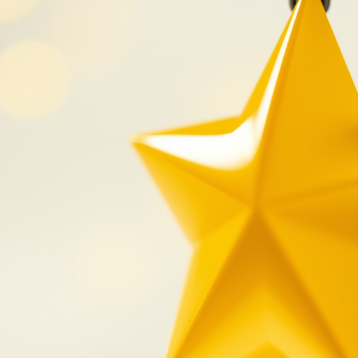Generate a high-resolution image of a shiny yellow star with a smooth gradient and soft edges, using a DSLR camera with a 50mm lens at f/2.8, ISO 100, and a shallow depth of field to create a soft background blur, captured from a slightly elevated angle in a bright, evenly lit setting.
