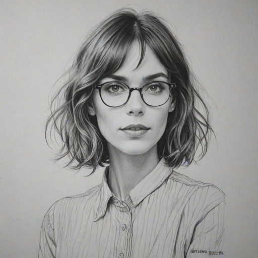 Pleasing Alexa Chung, pencil sketch, portrait of Enticing woman 1922s in glasses, hair style beatnik, outline, clear lines, fine lines, 8k