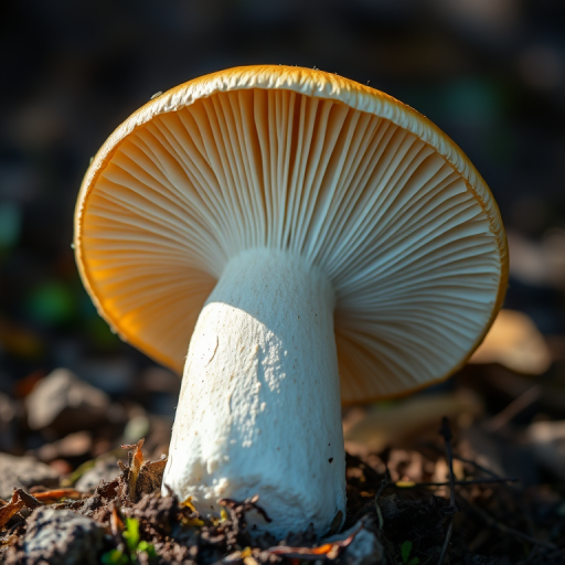 Regenerate the image of a mushroom with high detail, using a DSLR camera with a 50mm lens, f/2.8 aperture, ISO 100, shot from a 45-degree angle in natural light for enhanced texture and color vibrancy.