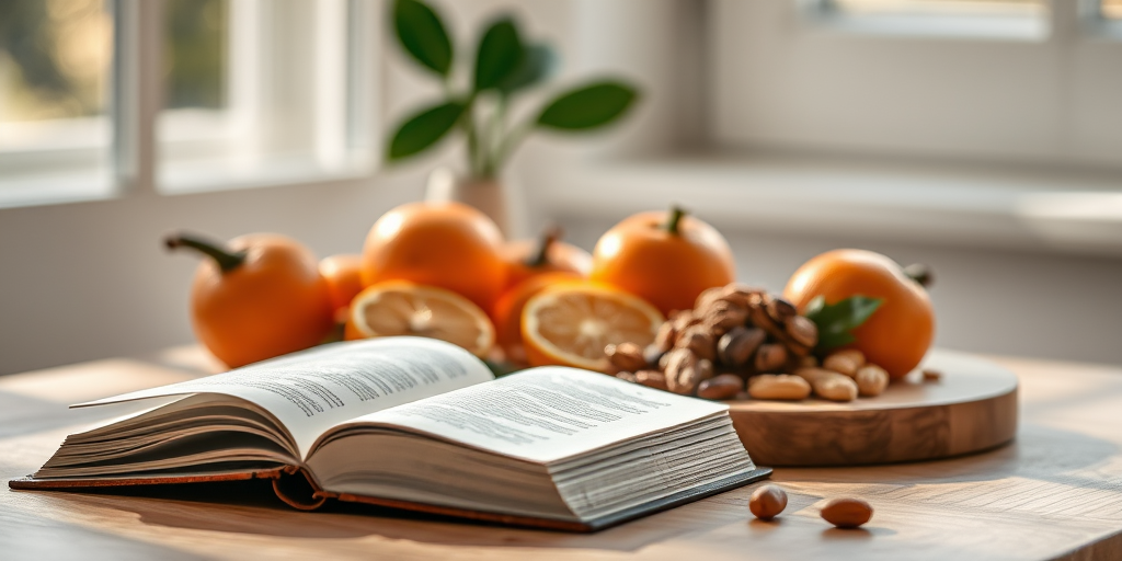 still life composition featuring a book in the foreground with a blurred background of a wooden platter filled with oranges and assorted nuts, natural light from a window creating soft shadows, aperture f/2.8, ISO 200, shutter speed 1/60s, 50mm lens, DSLR camera, warm color tone
