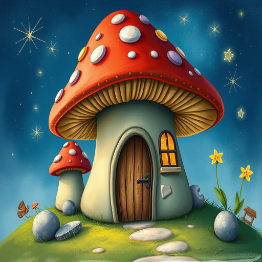 this photo is illustration of a mushroom house with a door and a window, a storybook , fantasy art, mushroom house, bg starry sky, sparkles