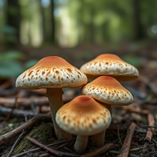 Capture a close-up of mushrooms in a forest setting, using a Canon EOS 5D Mark IV, f/2.8 aperture, 100mm macro lens, ISO 200, natural lighting, shallow depth of field, focused on the texture and details of the mushroom caps.