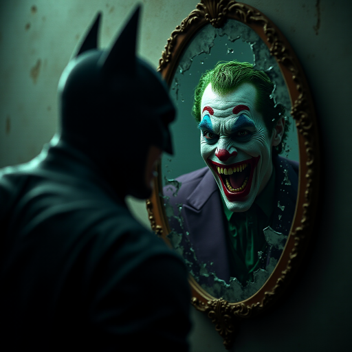 Merging elements of Batman and The Joker, this character portrays an evil, maniacal laughter, a sinister grin, and piercing eyes, accompanied by inhumanly sharp fangs. In a half-body portrait, Batman appears maniacal, gazing into a shattered mirror, his image rendered in Todd Phillips' unique style. The scene exudes an atmosphere of darkness, horror, and intense drama, with dramatic lighting and high-quality, hyper-realistic visuals. Inspired by the style of illusory wallpaper portraits, the image showcases colorful realism, exceptional attention to detail, and intricate hidden elements. The UHD, 8K resolution delivers a stunning image, combining realism and vibrant colors for an immersive, intense experience.