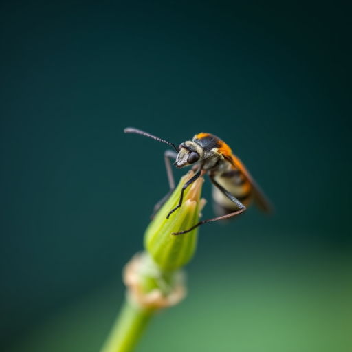macro shot of an orange and black insect perched on a green stem with blurred background, aperture f/4, shutter speed 1/200, ISO 100, 100mm macro lens, natural light, focus on the insect with shallow depth of field