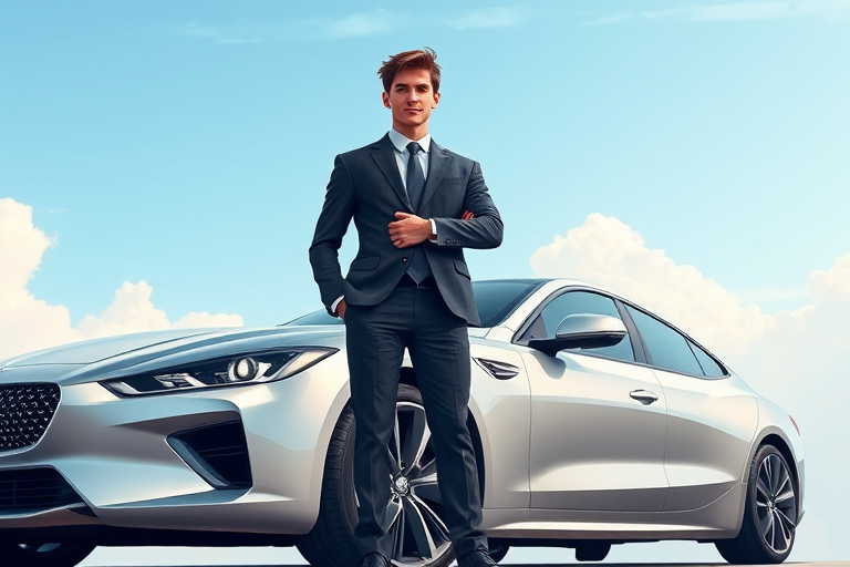 Create a high-resolution digital illustration of a young businessman in a suit standing confidently beside a sleek silver car, the background features a clear sky with soft clouds, use a 50mm lens with f/2.8 aperture, shot from a low angle to emphasize the subject, utilizing a digital illustration style for vibrant colors and sharp details.