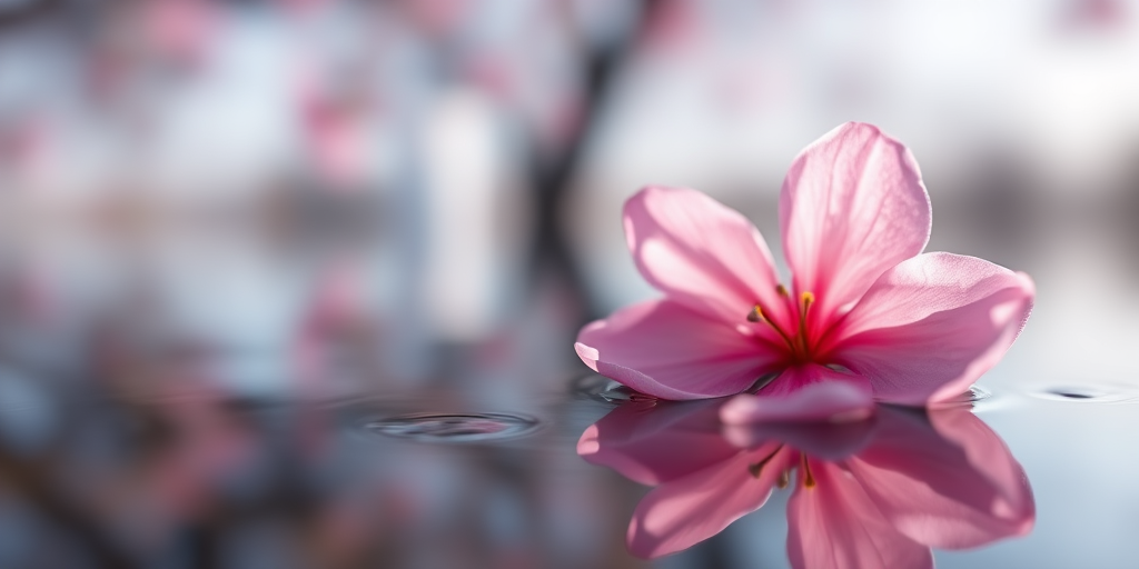 Capture a close-up of a pink cherry blossom floating on still water with a soft focus background, using a DSLR camera, aperture f/2.8, shutter speed 1/200 sec, ISO 200, with natural light in a low-angle view to highlight reflections.