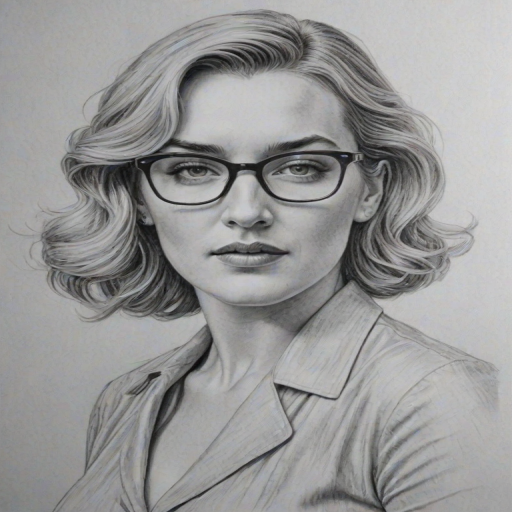Gorgeous Kate Winslet, pencil sketch, portrait of Alluring woman 1936s in glasses, hair style beatnik, outline, clear lines, fine lines, 8k
