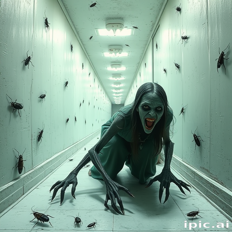 a crooked woman with long arms and a creepy smile is crawling along a long white corridor and you can also see cockroaches in it there is a creepy atmosphere creepy art style