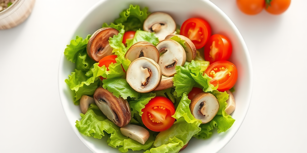 Create a vibrant illustration of a fresh salad in a white bowl with green lettuce, red tomatoes, and sliced mushrooms, using a Canon EOS R5 camera, 50mm lens, f/4 aperture, ISO 100, natural lighting, and a top-down view for enhanced detail.