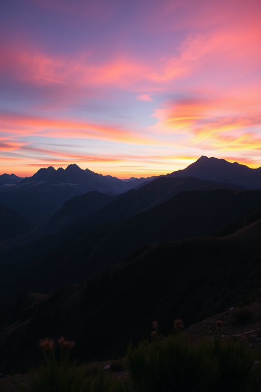 Create a high-resolution image of a serene mountain landscape during sunrise, with vibrant colors in the sky, crisp details in the foreground, using a DSLR camera, 24mm lens, aperture f/8, ISO 100, and a shutter speed of 1/125 sec, shot from a low angle to emphasize the mountains.