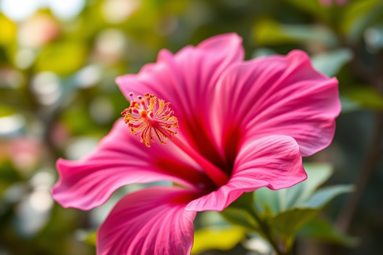 Capture a close-up of a vibrant pink hibiscus flower with a soft bokeh background, using a DSLR camera with a 50mm lens, aperture set to f/1.8, shutter speed at 1/200s, ISO 200, natural light.