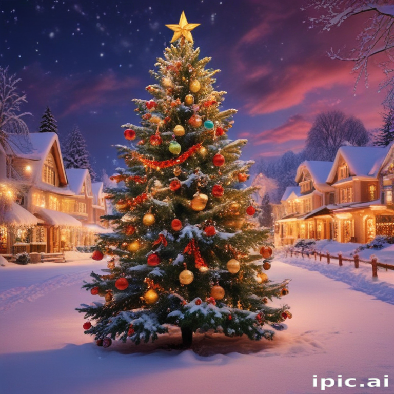 A Magical Winter Scene Featuring a Beautifully Decorated Christmas Tree.