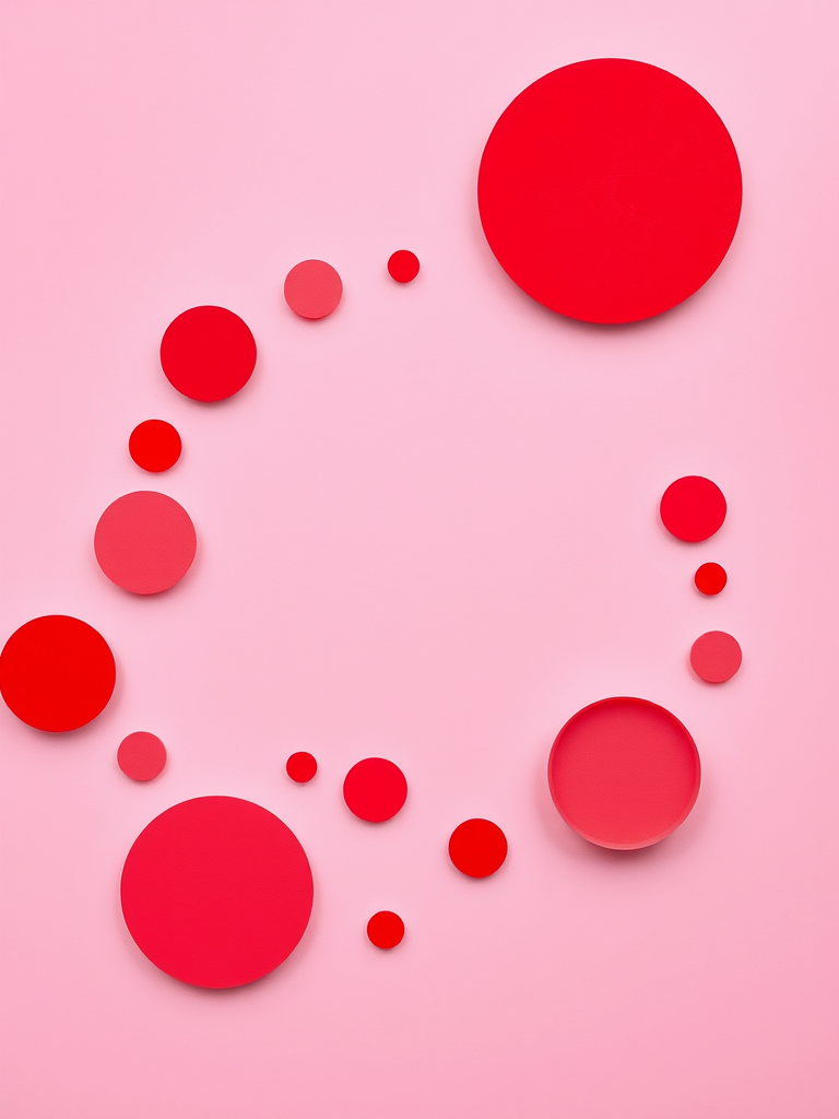 Create an abstract design featuring varying sizes of circles in shades of red and pink on a soft pink background, using a Canon EOS R5, 50mm lens, f/2.8, ISO 100, 1/125 sec, shot from a top-down view, in natural light for vibrant colors and enhanced image quality.