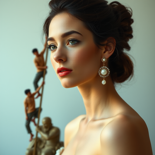 beautiful young lady with hair done up, and an exquisite pair of earings, made from mother of pearl, shimmering, and composed of different men in poses as he climbs up the long eariring