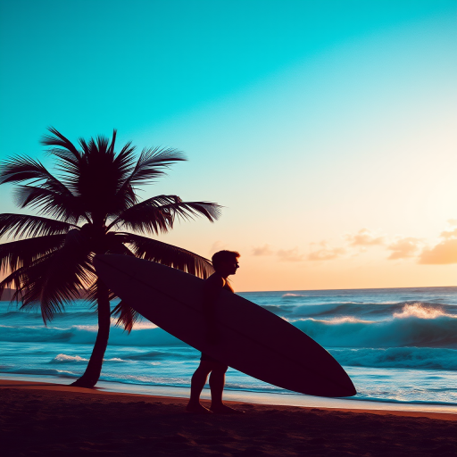 Create a vibrant silhouette of a surfer standing with a surfboard next to palm trees on a tropical beach, captured with a DSLR camera at f/4 aperture, ISO 100, 1/200 sec shutter speed, in a wide-angle view to emphasize the ocean waves and palm trees in the background.