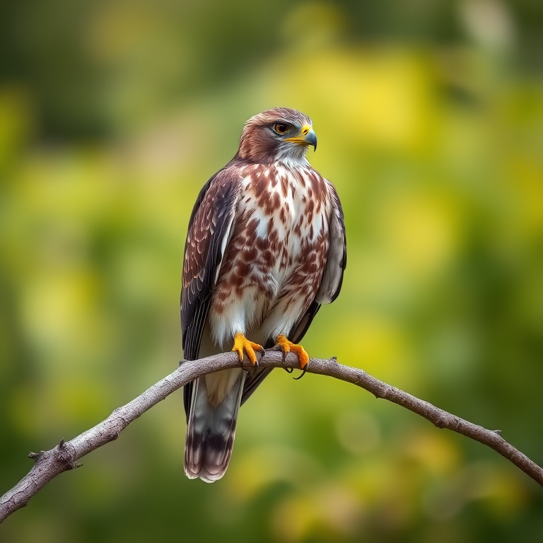 Capture a high-resolution image of a hawk perched on a branch with a blurred green background, using a DSLR camera at 85mm, aperture f/2.8, ISO 200, and a shutter speed of 1/500s for clarity and depth of field.