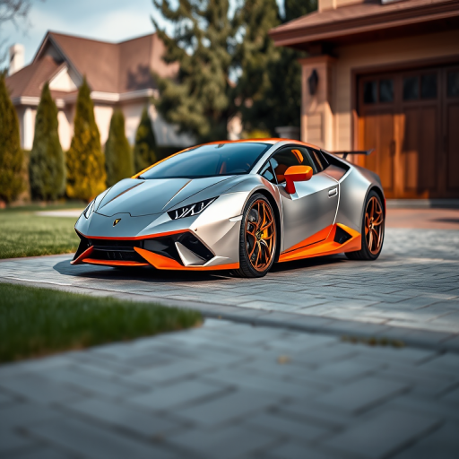 Capture a high-resolution image of a sleek silver and orange Lamborghini Huracan parked on a neatly paved driveway, focusing on the car's details with a shallow depth of field, using a Canon EOS R5 with a 50mm f/1.2 lens at ISO 100, aperture f/2.8, and shutter speed 1/200s, in natural daylight to enhance colors and textures.
