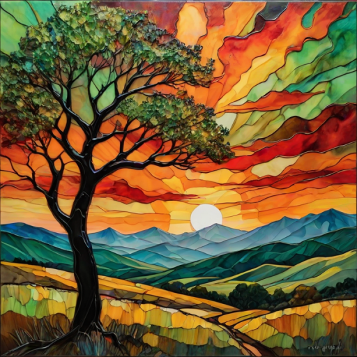 A vibrant abstract painting on Tiffany Glass, blending acrylic and alcohol ink techniques, captures a dramatic sunset over rolling hills. The artwork features a textured, rocky foreground in green and brown, layered abstract hills, and a striking sunset in rich oranges, yellows, and reds. A solitary black tree with intricate branches contrasts against the fiery sky, creating a dynamic and expressive portrayal of a breathtaking natural scene.