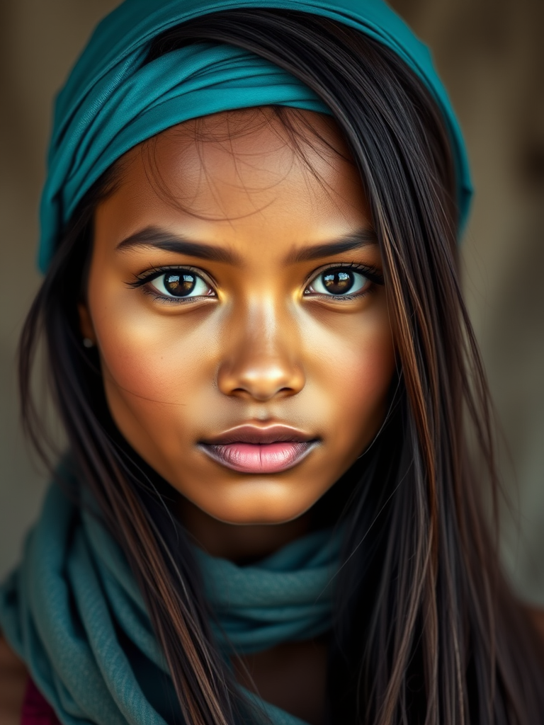 Create a portrait of a young Tahitian woman with long, dark hair and captivating hazel eyes. She is wearing a cyan headscarf and a matching scarf draped gracefully around her neck. The background is softly blurred, focusing attention on her serene and natural expression. The overall color palette is muted and warm, enhancing the intimate and authentic feel of the portrait.