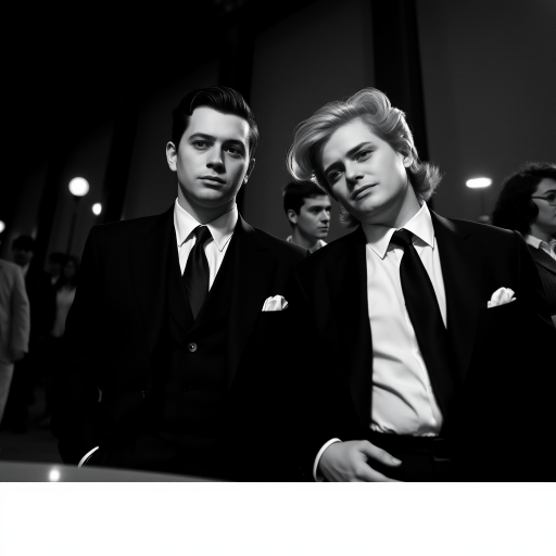 Black-and-white photograph, couple, tailored suits, retro hairstyles, film noir style, Tilt the camera for a dynamic Dutch angle using a versatile 24-70mm lens
