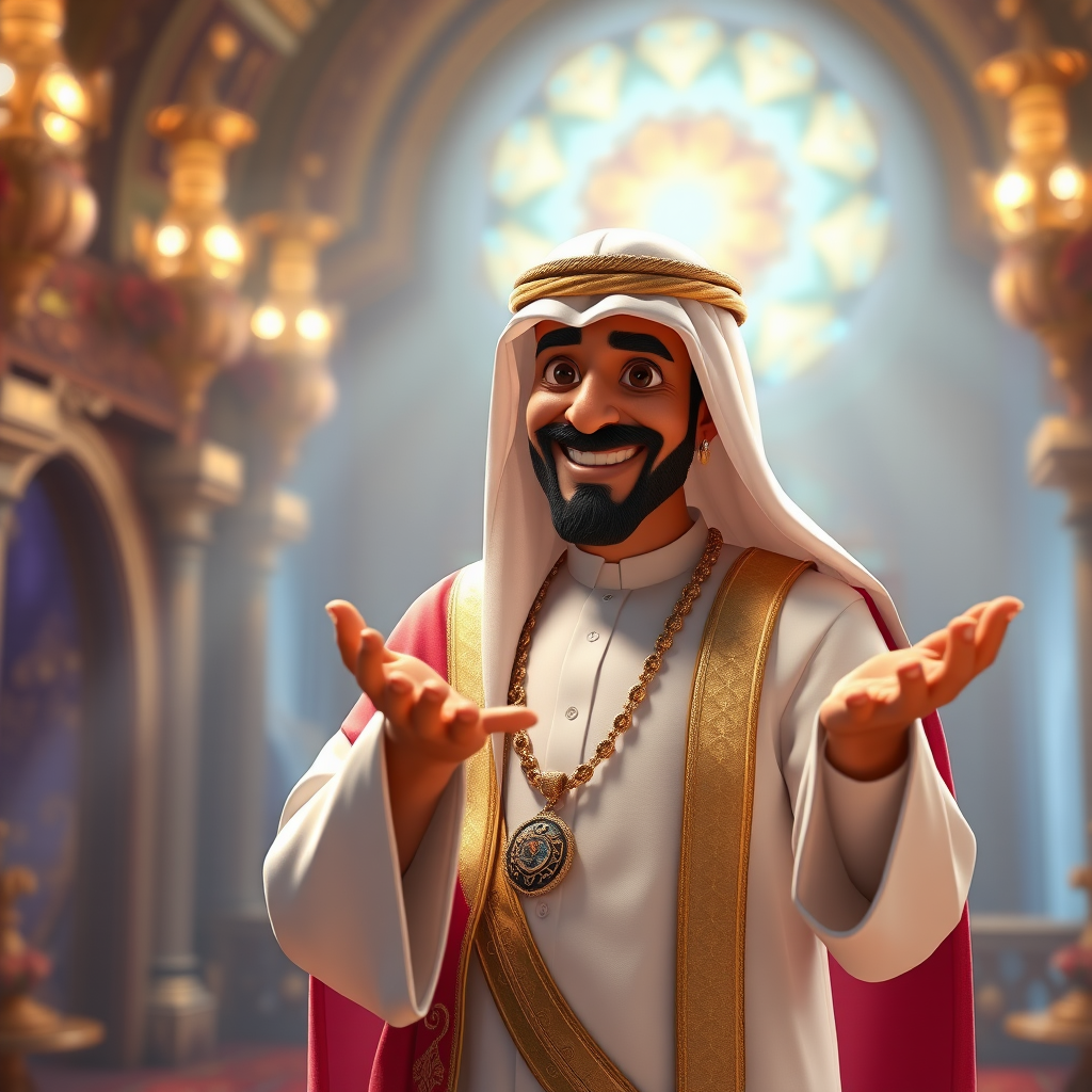 Create a 3D rendering of a wealthy Arab male sheikh from Dubai, inspired by the Disney animation style. The sheikh must have a smile and a playful but wise character. Place your character in an atmosphere of wealth and luxury. The image must be in high resolution format. Dynamic pose above the waist, gesturing with hands (Pixar Art style)++ highly detailed digital painting, art stations, concept art, soft focus, hard focus, illustrations. cinematic, visual effects, HDR, Unreal Engine 5, ray tracing, soft light, 8k, high detail, sparkling backlighting, luxury gem, game art, 3d, cartoon, colorful, magical, mysterious