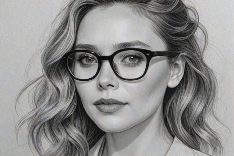 Captivating Elizabeth Olsen, pencil sketch, portrait of Exquisite woman 1948s in glasses, hair style beatnik, outline, clear lines, fine lines, 8k