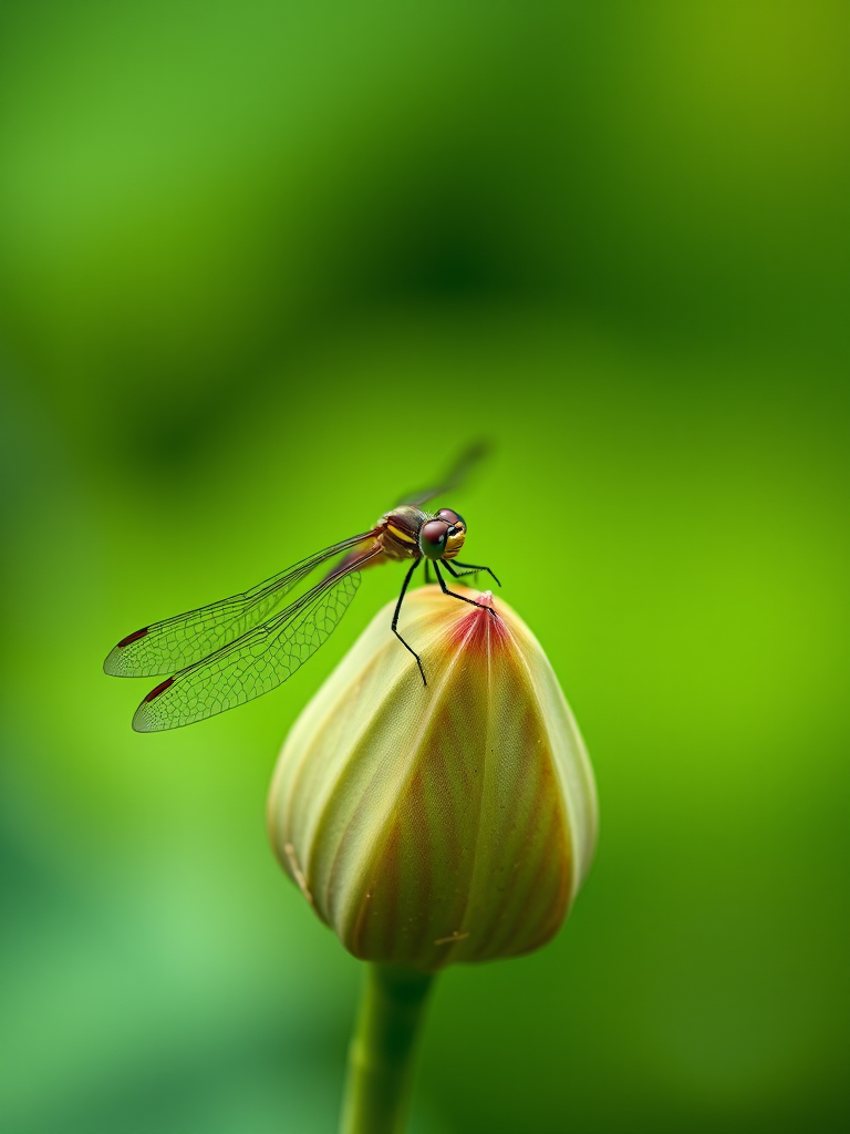 Capture a close-up of a dragonfly resting on a lotus seed pod, with a soft-focus green background, using a Canon EOS R5, 85mm f/1.2 lens, aperture set to f/2.8, ISO 100, and a shutter speed of 1/400 sec, ensuring sharp detail on the dragonfly and a smooth bokeh effect.